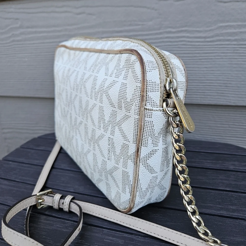 Michael Kors White Fulton Monogram Logo Crossbody Purse Gold Chain Small Bag